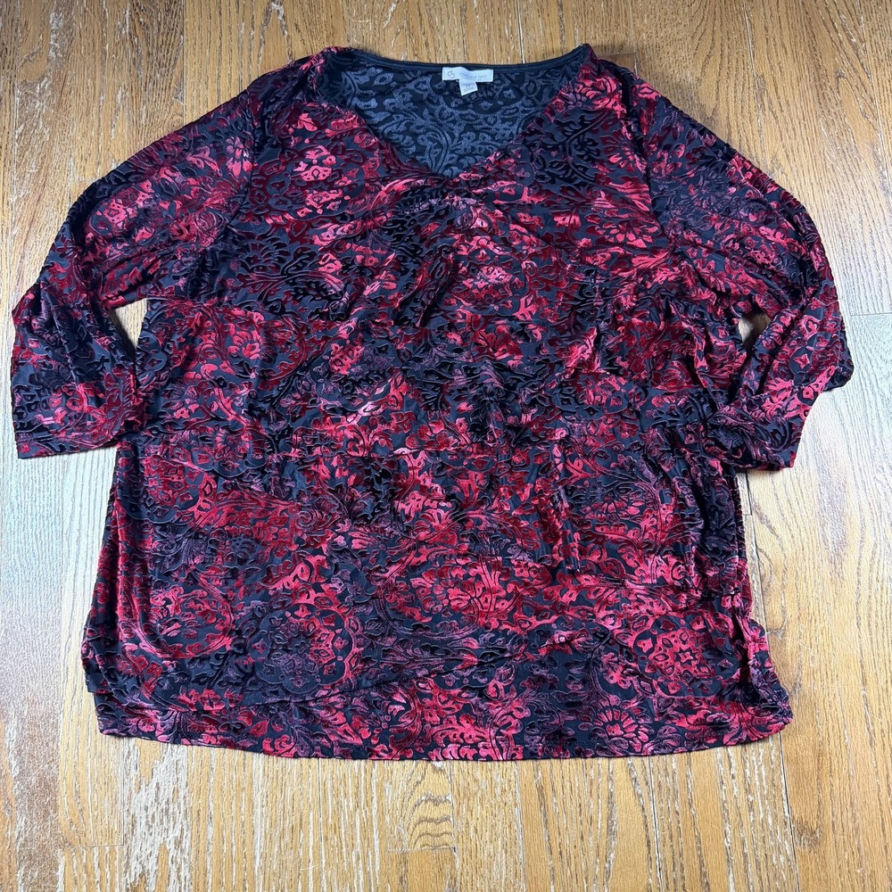 Dark Romantic Velvet Tunic Blouse Womens 2X Floral 3/4 Sleeve Whymsigoth